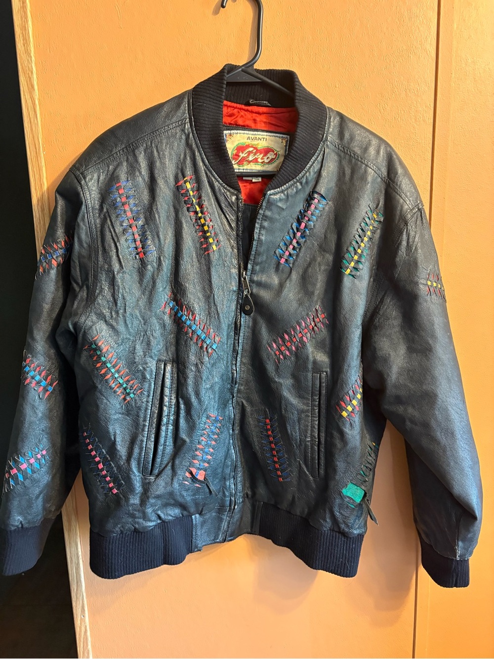 Vintage Avanti Firo Leather Bomber Jacket with Multicolor Stitching rainbow